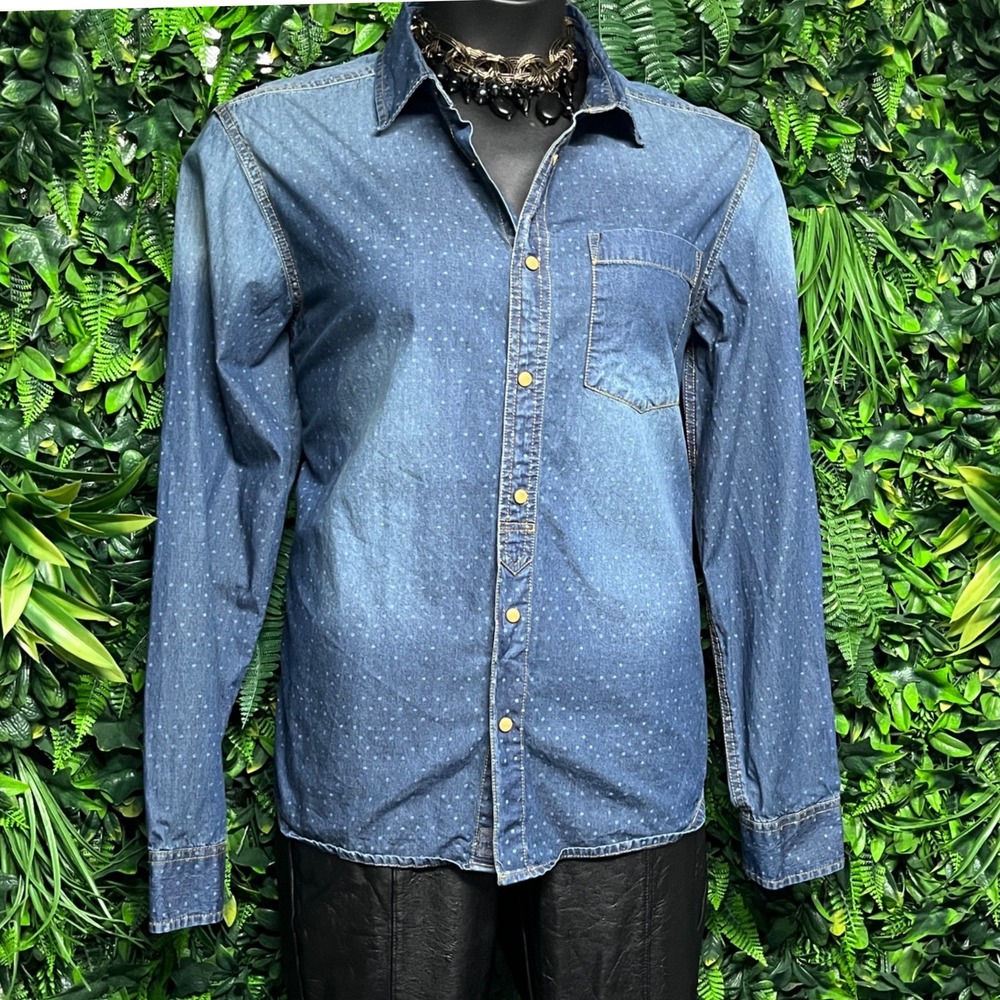 JACHS Denim‎ Shirt Women Size L Blue Polka Dot Long Sleeve Button Front 3528 - Picture 3 of 10